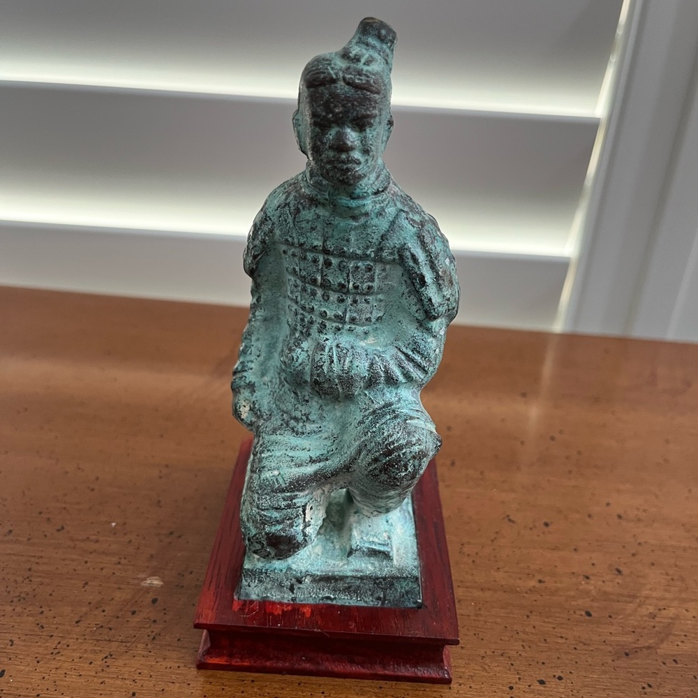 Chinese Terracotta Kneeling Warrior on Wooden Base